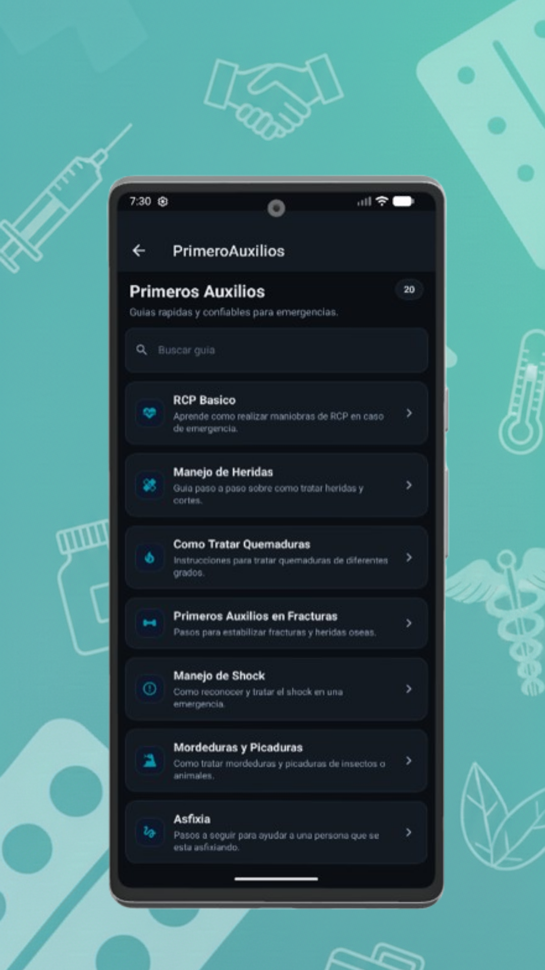 Captura de la app mostrando primeros auxilios