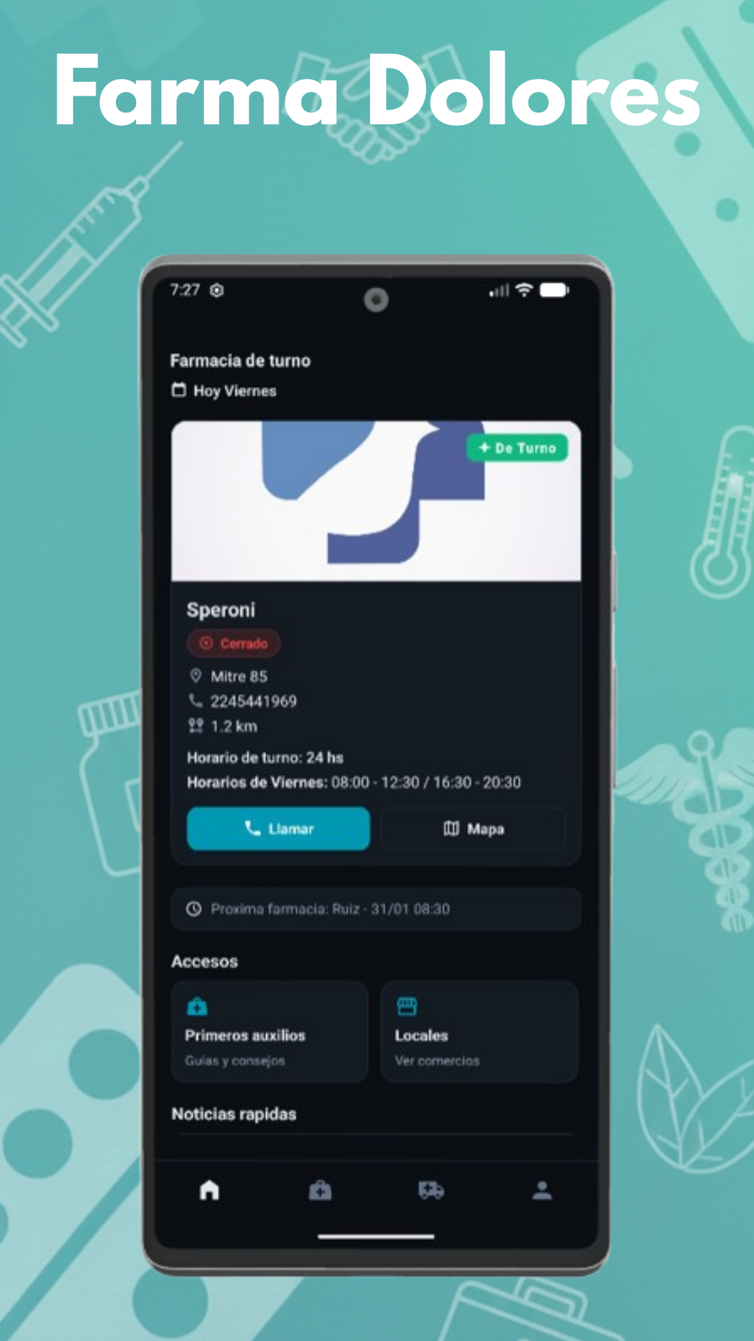 Captura de la app mostrando la farmacia de turno